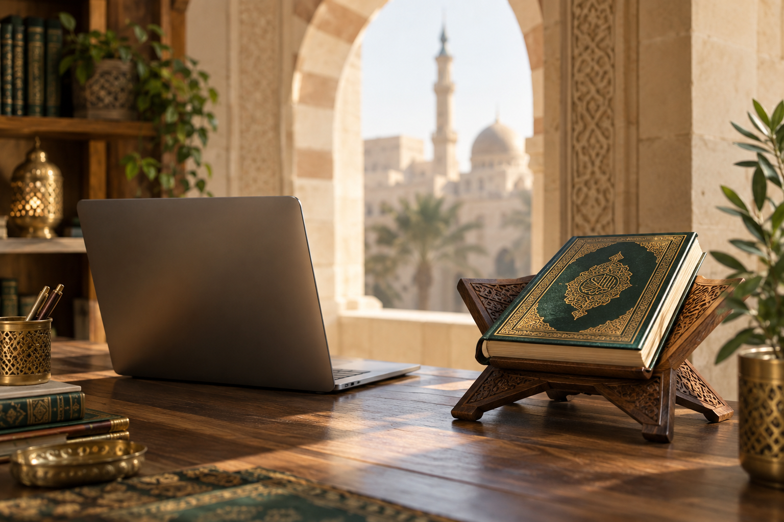 An illustrative Quran study setting with a laptop and a sunlit Islamic arch