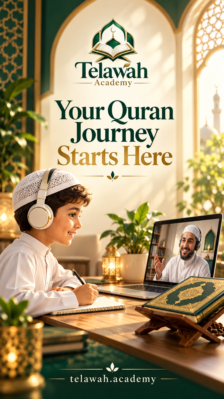 A child taking online Quran classes for kids with a teacher on a laptop at Telawah Academy